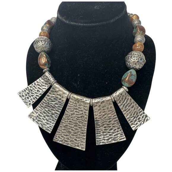 Vintage VCLM Hammered Silver Statement Necklace W/ Beaded Accents Tribal Design - Picture 1 of 5